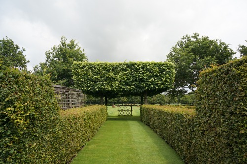 Four pleached lindens mark the end of the courtyard and the beginning of the farmland.